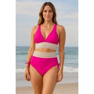 Blooming Jelly Womens Bikini Set Size M Hot Pink Knit Boho Chic Coastal Swimwear